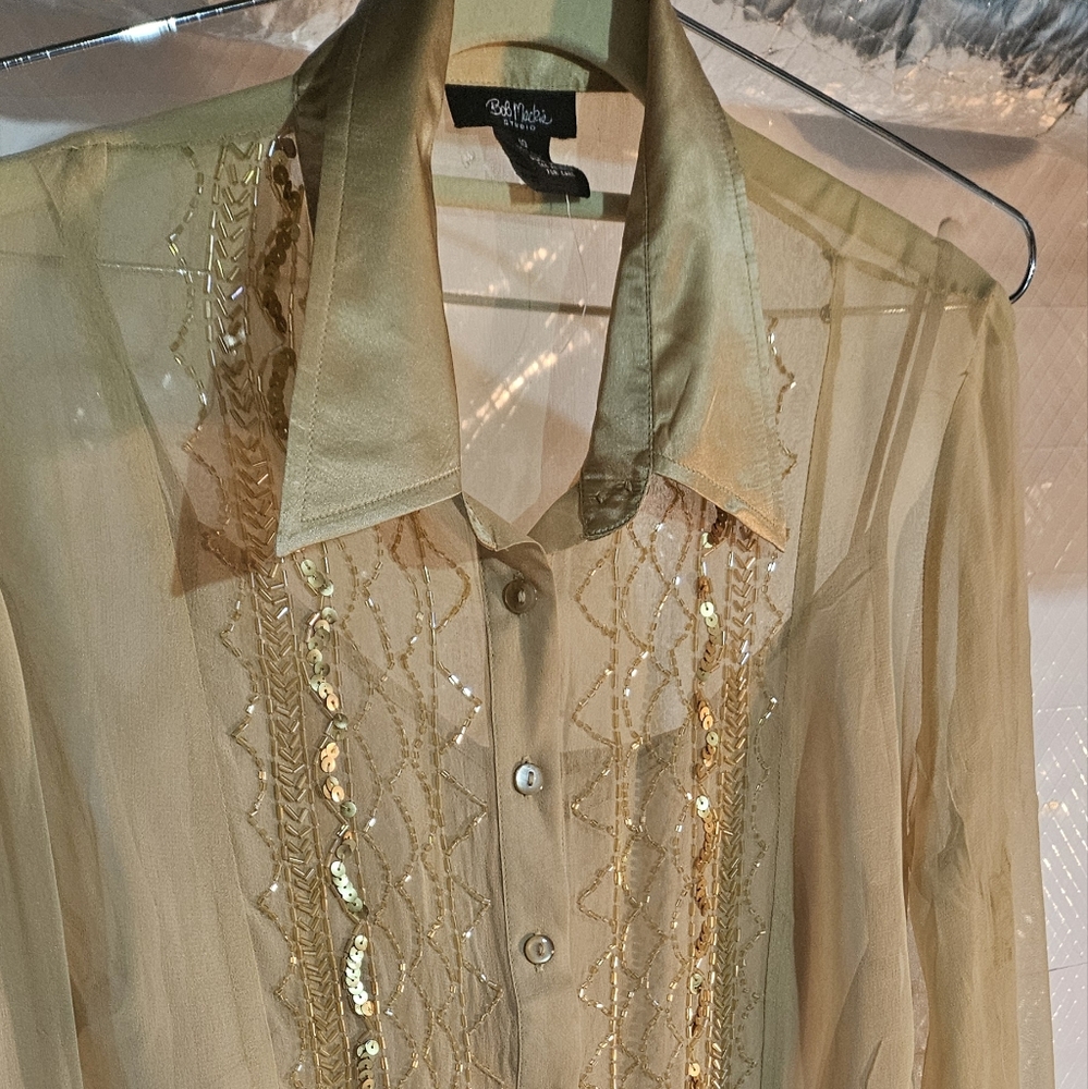 LEGEND, BOB MACKIE Elegant Gold Embellished Sheer Blouse 2 Piece Sz, Medium (10)